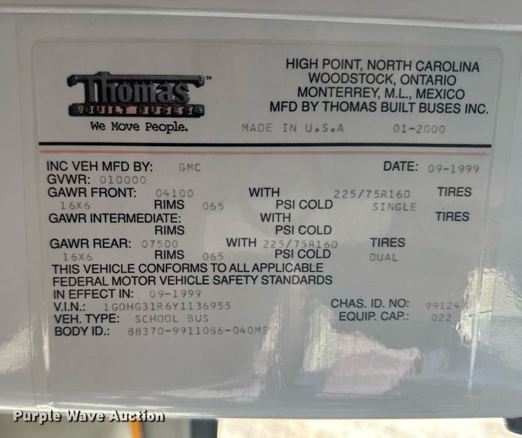 image for item NN9637 2000 GMC Magnavan school bus