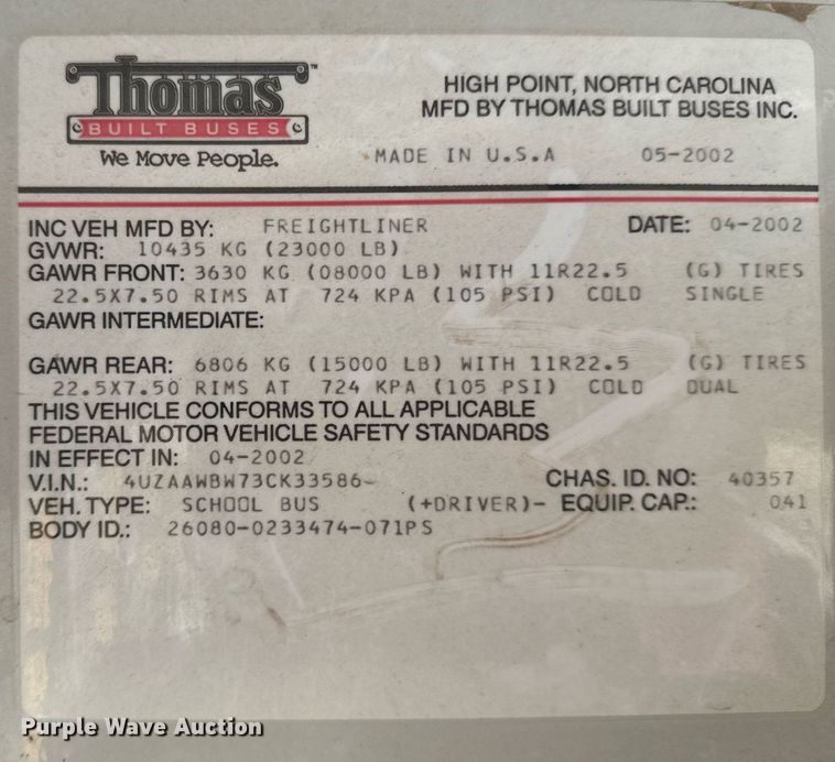 image for item NN9639 2003 Thomas Built FS65 school bus