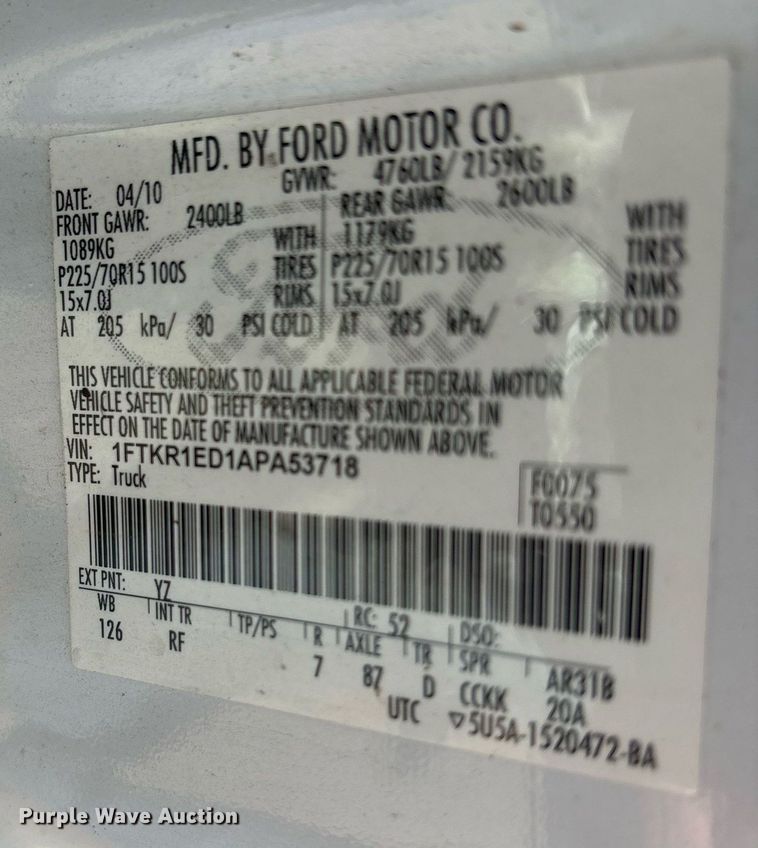 image for item NO9675 2010 Ford Ranger SuperCab pickup truck