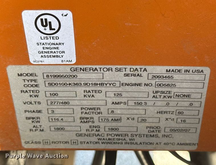 image for item NO9678 2007 Generac D3.9 generator