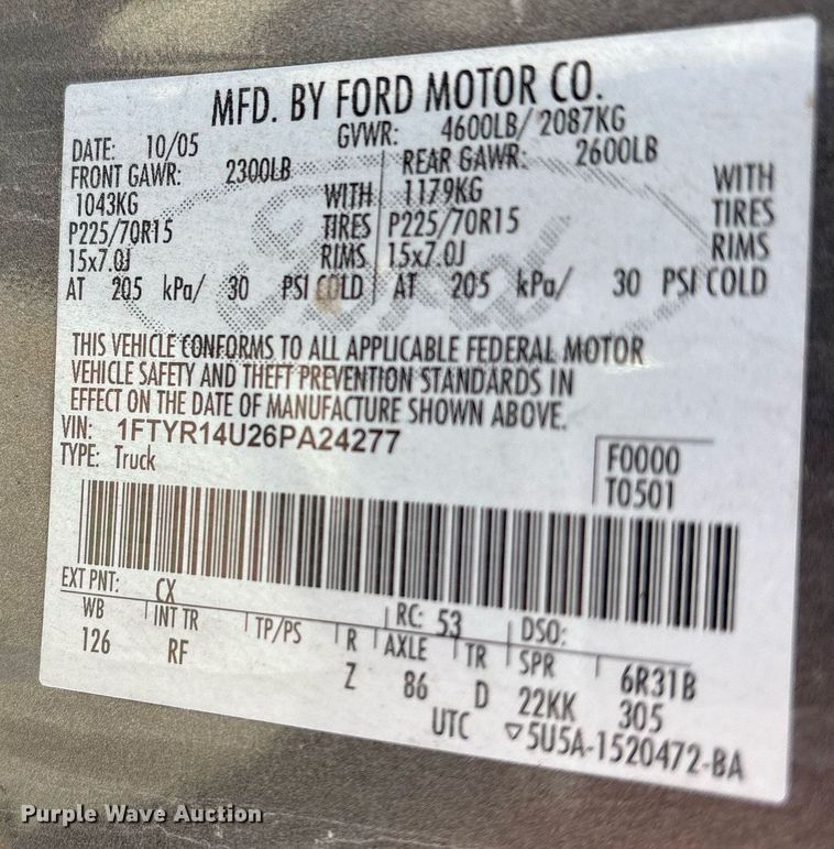 image for item NO9686 2006 Ford Ranger SuperCab pickup truck