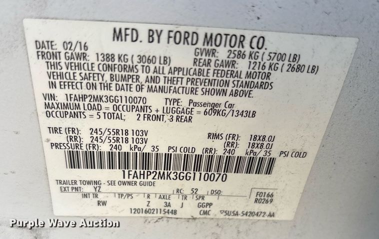 image for item NO9725 2016 Ford Taurus Police Interceptor