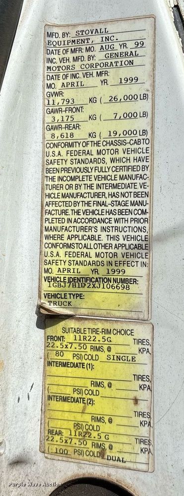 image for item OB9425 1999 Chevrolet C6500 dump truck