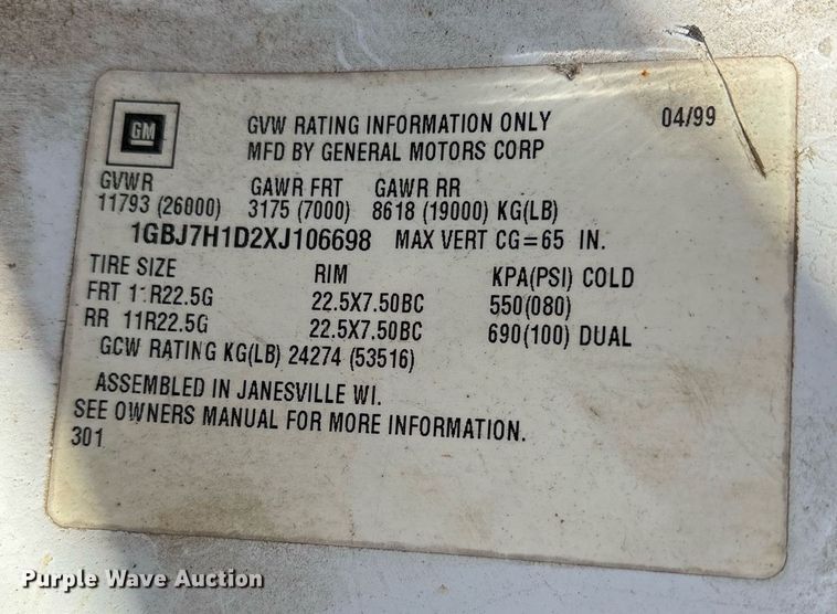 image for item OB9425 1999 Chevrolet C6500 dump truck