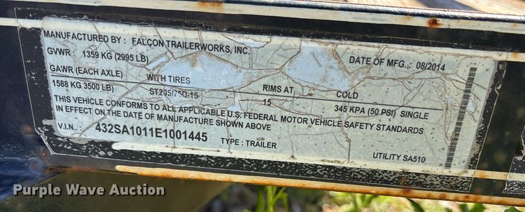 image for item OB9427 2014 Falcon SA510 utility trailer