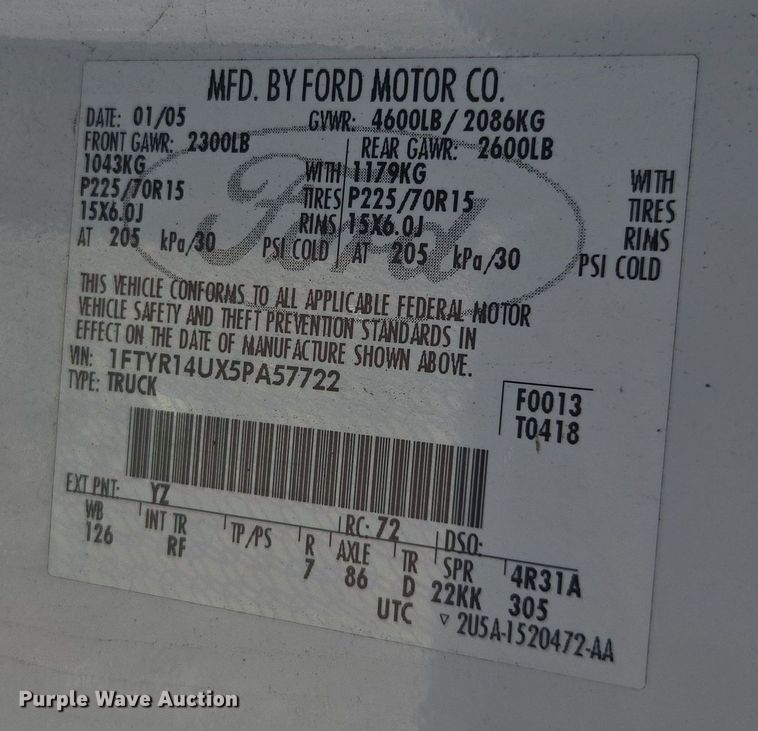 image for item YA0318 2005 Ford Ranger SuperCab pickup truck