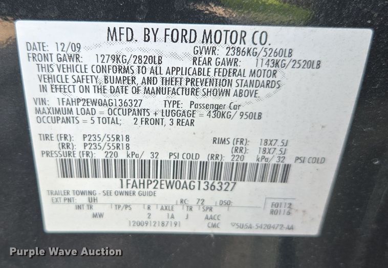 image for item YA0333 2010 Ford Taurus SEL 