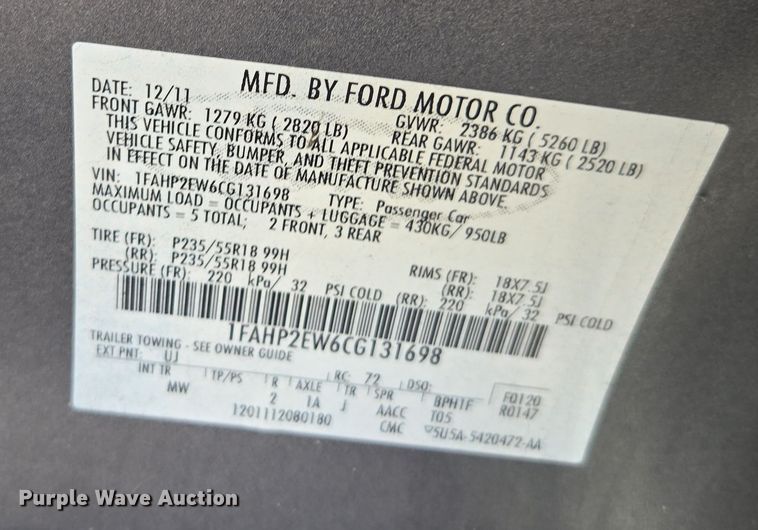 image for item YA0334 2012 Ford Taurus SEL 