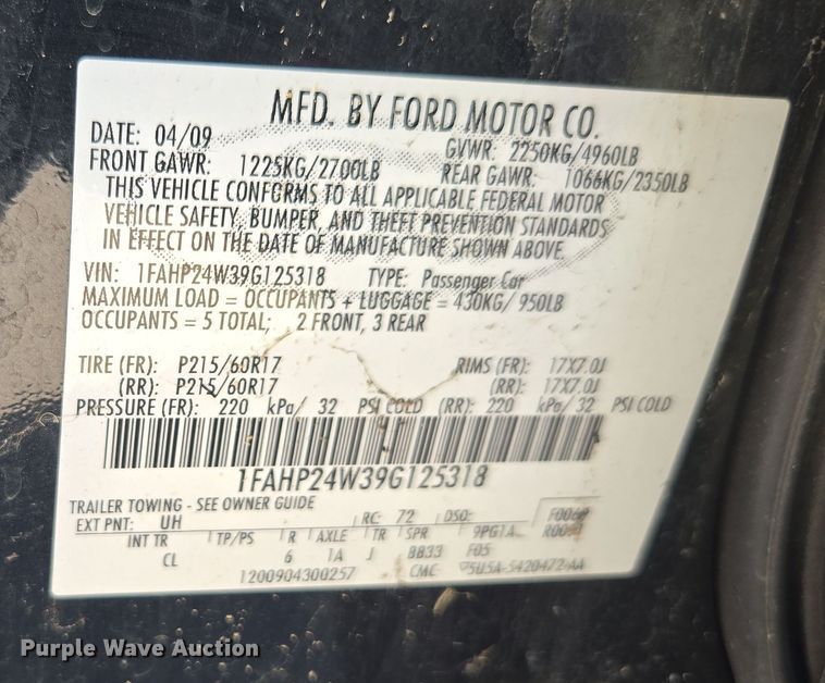 image for item YA0336 2009 Ford Taurus SEL 