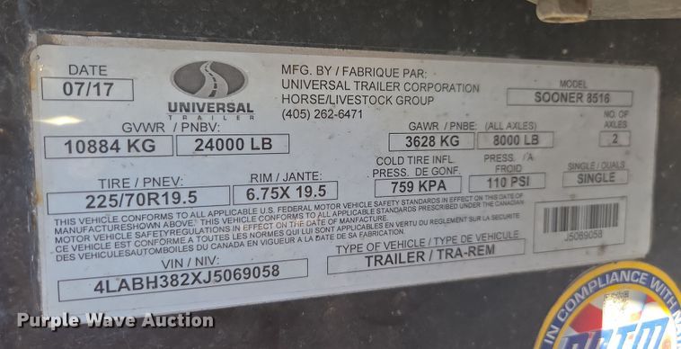 image for item DY6973 2018 Sooner  Universal Trailers horse trailer