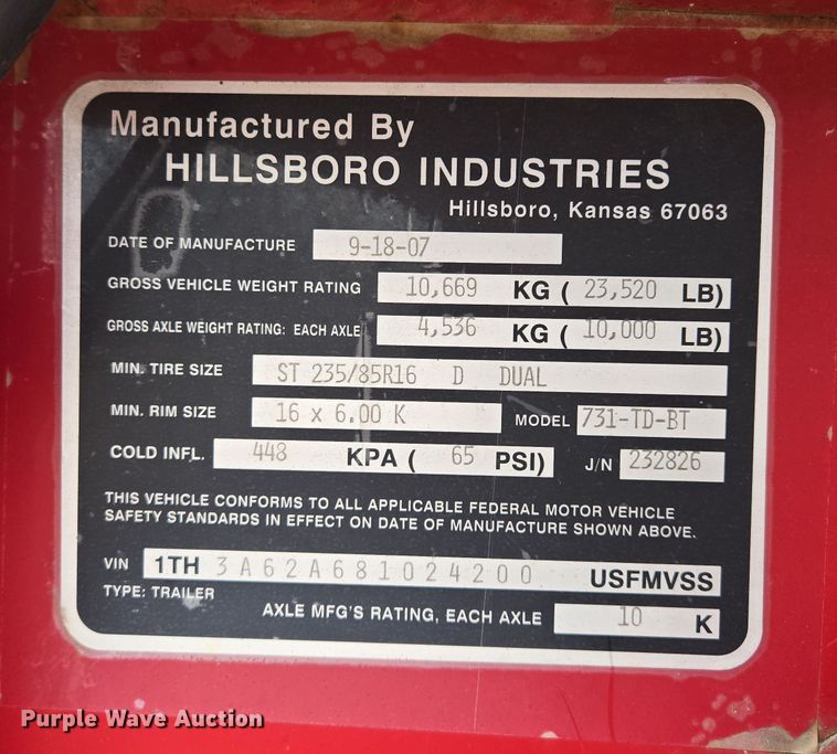 image for item EQ6714 2008 Hillsboro  700 equipment trailer