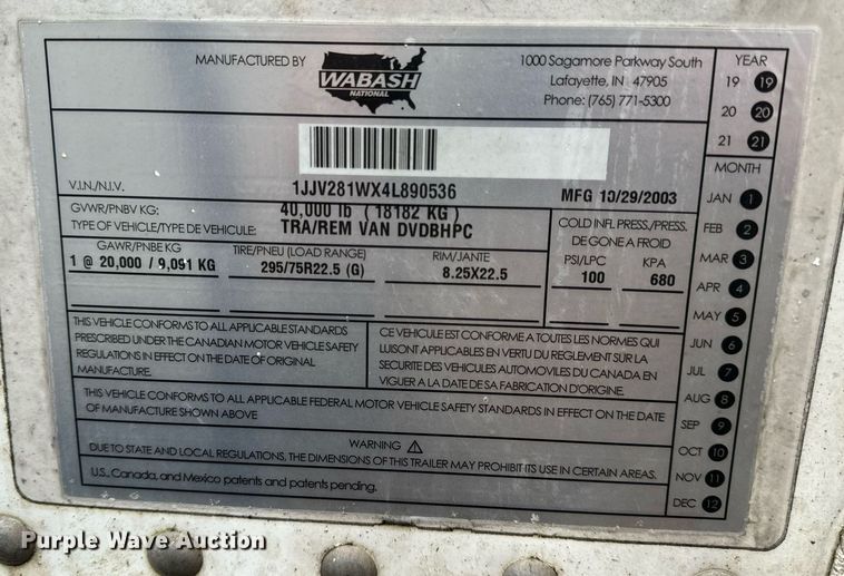 image for item DV1830 2004 Wabash DVDBHPC dry van trailer