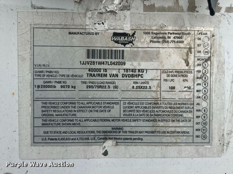 image for item DV1834 2007 Wabash DVDBHPC dry van trailer