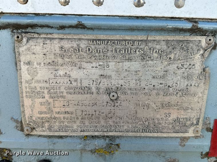 image for item DV1841 1989 Great Dane 7011TZ-1PW dry van trailer