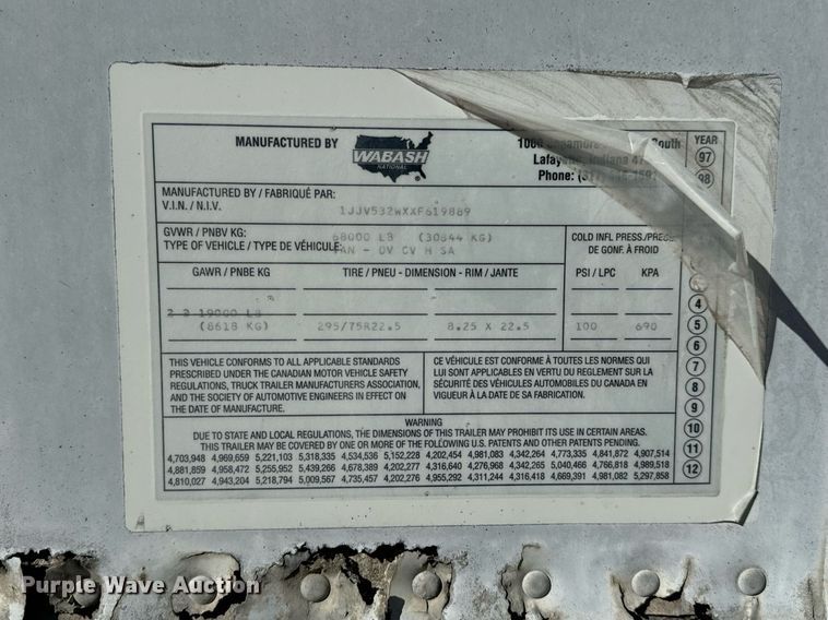 image for item DV1844 1999 Wabash dry van trailer