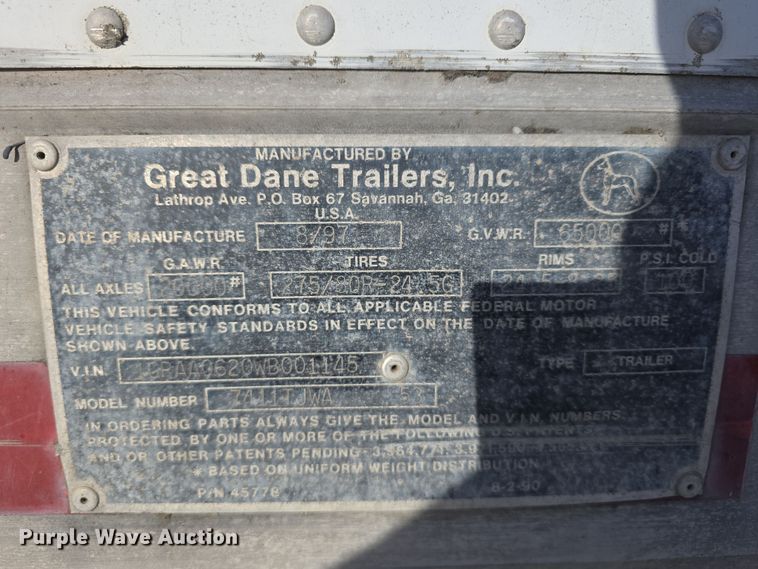 image for item DW3189 1998 Great Dane 7411TJWA dry van trailer