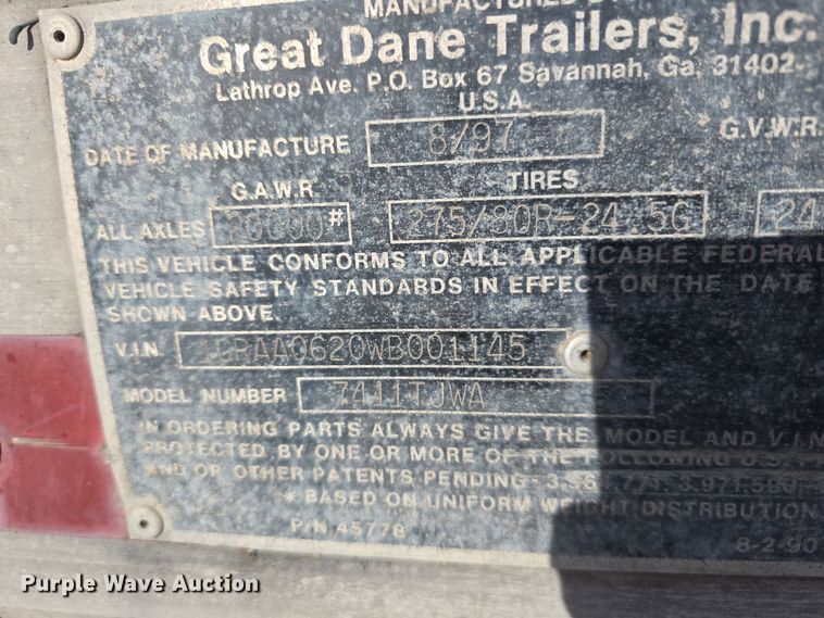 image for item DW3189 1998 Great Dane 7411TJWA dry van trailer