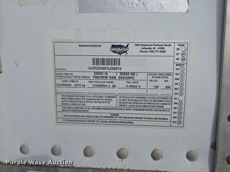 image for item DW3191 2007 Wabash National TRA/REM Van DVCVHPC dry van trailer