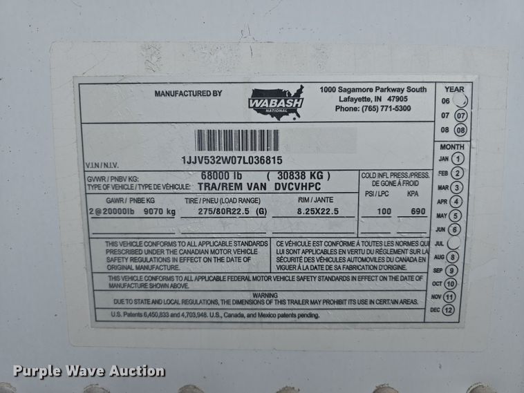 image for item DW3191 2007 Wabash National TRA/REM Van DVCVHPC dry van trailer