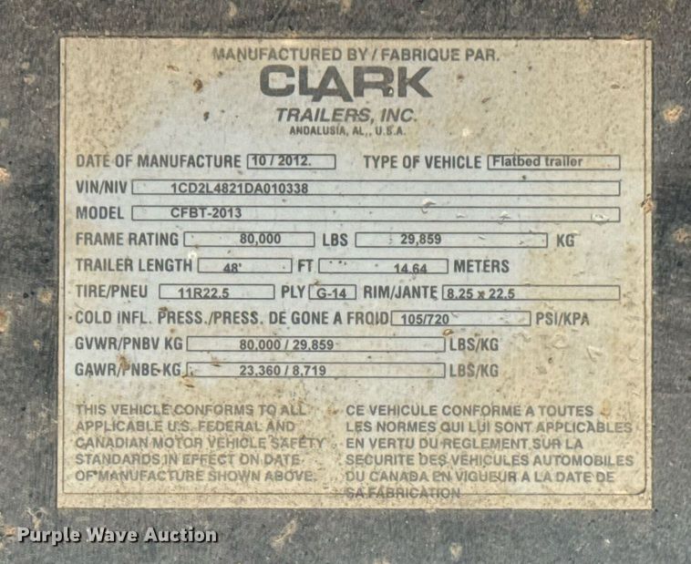 image for item EG2599 2013 Clark Trailers CFBT-2013 flatbed trailer