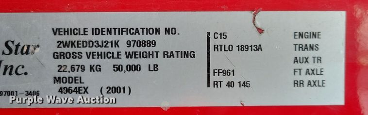 image for item NB9865 2001 Western Star 4964EX semi truck