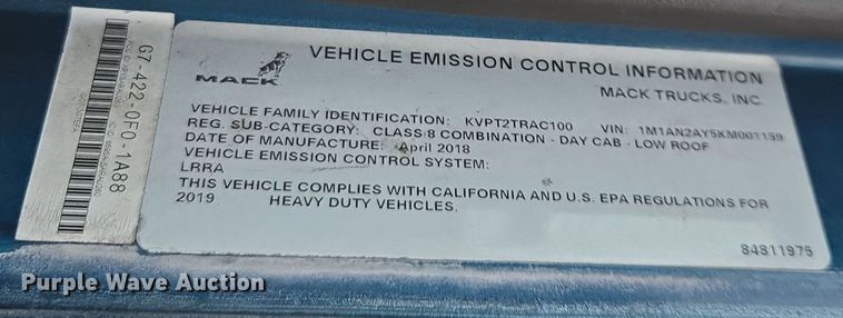 image for item YA0295 2019 Mack Anthem AN42T semi truck