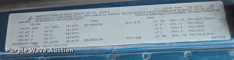 image for item YA0296 2019 Mack Anthem AN42T semi truck