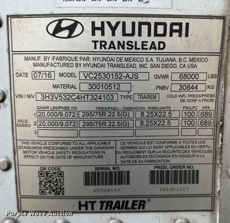 image for item YA0362 2017 Hyundai Translead VC2530152-AJS dry van trailer