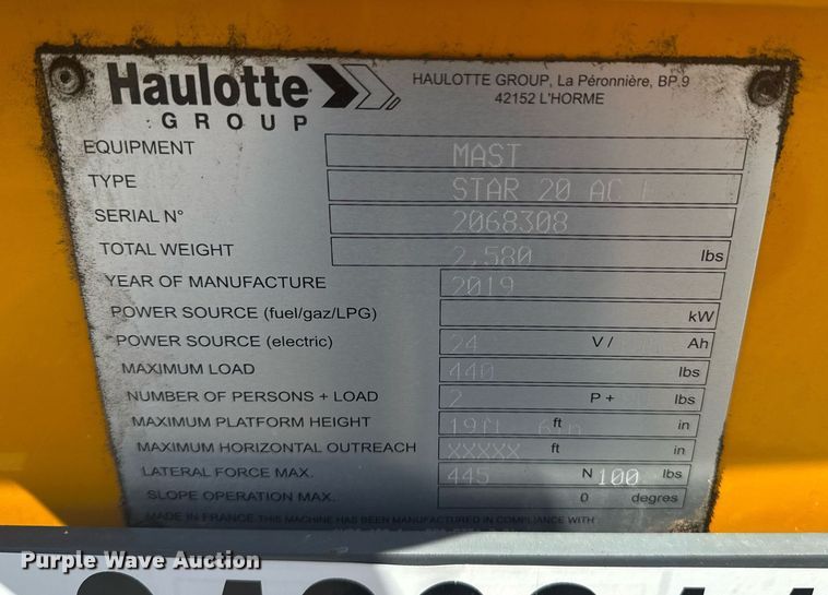 image for item DE2147 2019 Haulotte Star 20 scissor lift