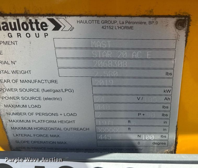 image for item DE2147 2019 Haulotte Star 20 scissor lift