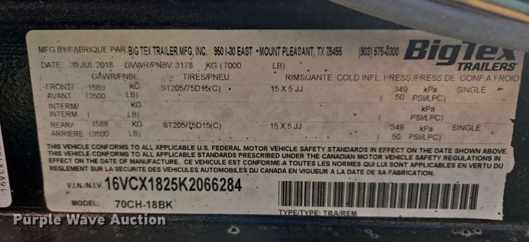 image for item DS3655 2019 Big Tex 70CH-18BK utility trailer