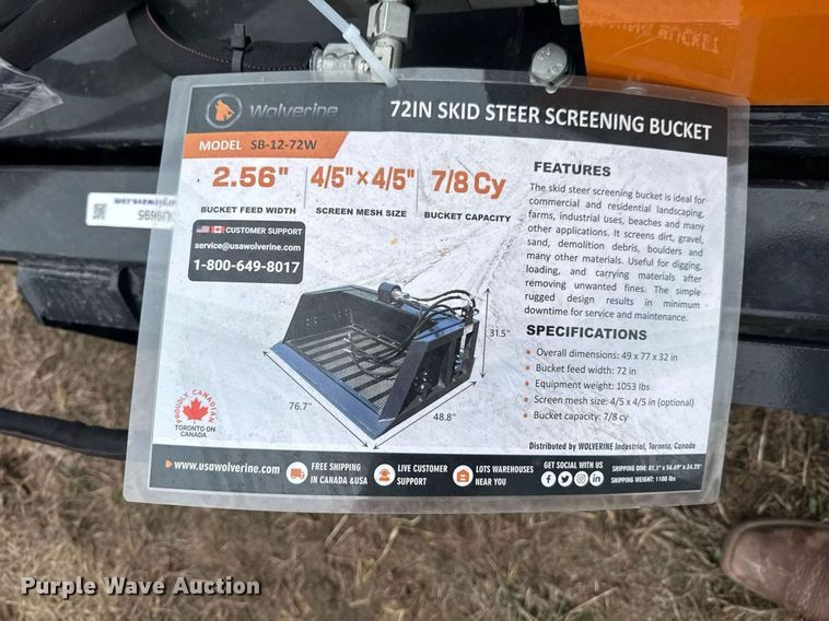 image for item DU9695 2024 Wolverine SB-12-72W skid steer screening bucket