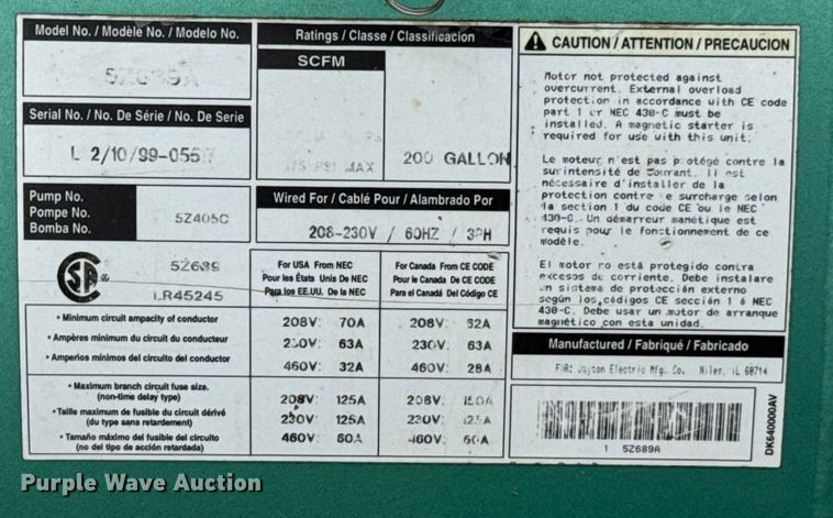 image for item DU9732 1998 Speedaire 5ZG39A air compressor