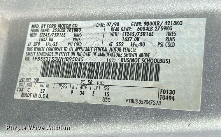 image for item DV0655 1998 Ford  E350  van