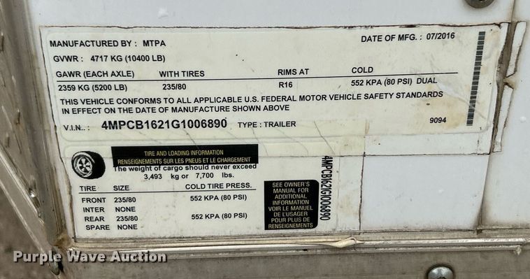 image for item DV1751 2016 MTPA enclosed cargo trailer