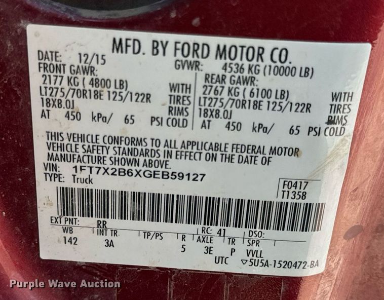 image for item DV1819 2016 Ford F250 Super Duty SuperCab pickup truck