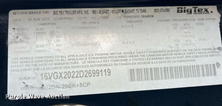 image for item DW3336 2013 Big Tex 22NG-20BK+5CP equipment trailer