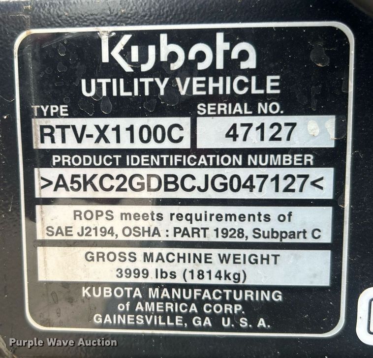 image for item EG1050 2019 Kubota RTV-X1100C utility vehicle