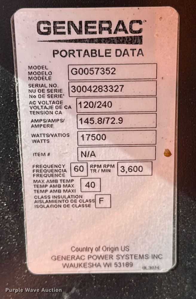 image for item EG2604 Generac GP17500E generator