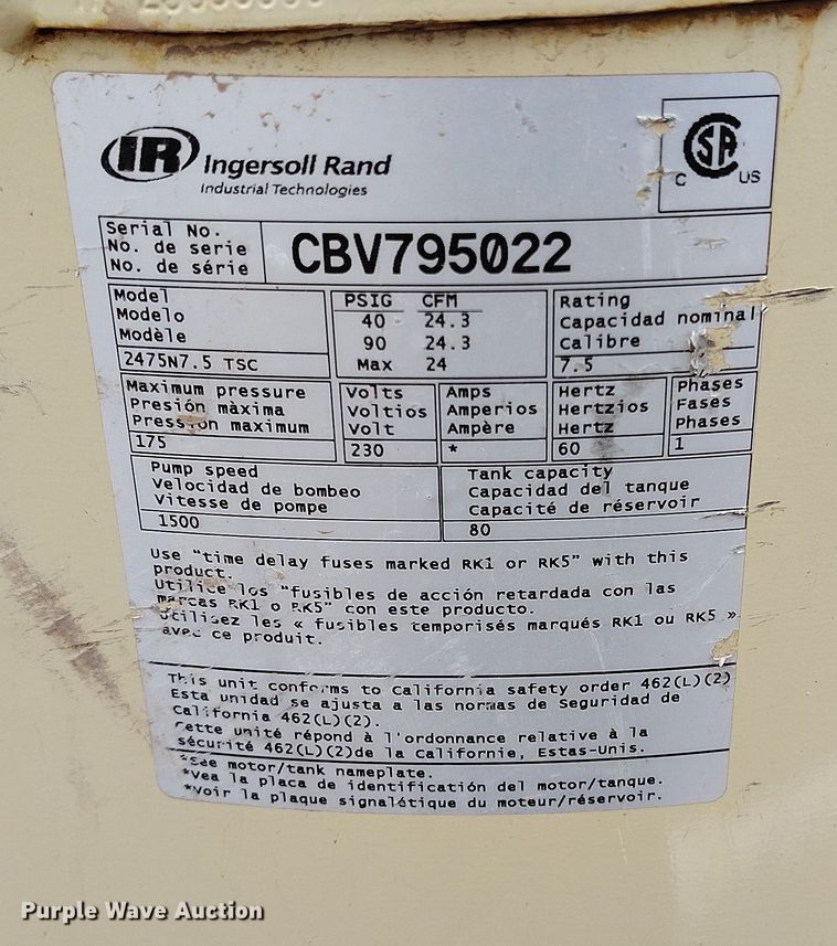 image for item EH0208 Ingersoll Rand  2475N7.5 TSC air compressor