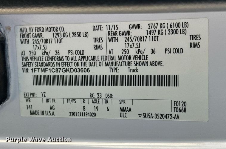 image for item EJ3499 2016 Ford F150 pickup truck