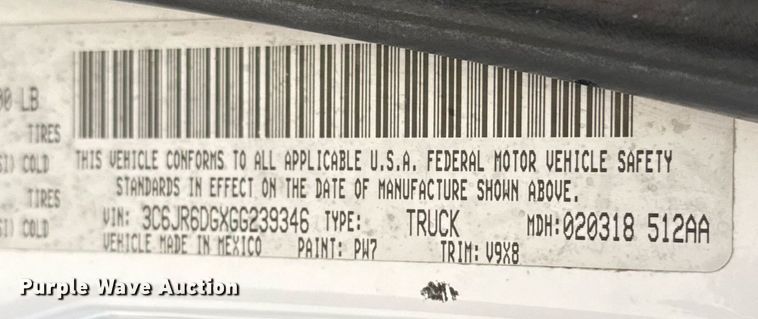 image for item EJ3505 2016 Dodge Ram 1500 pickup truck