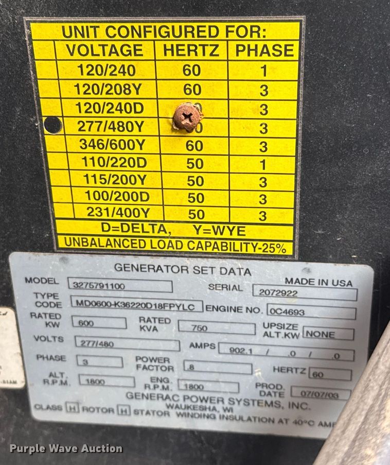 image for item EJ3519 2003 Generac MD0600 generator