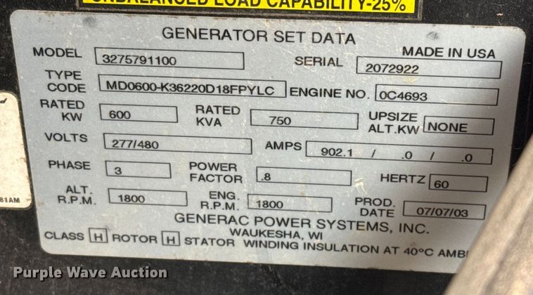 image for item EJ3519 2003 Generac MD0600 generator