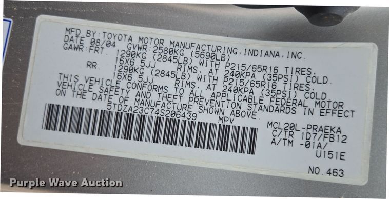 image for item EN3524 2004 Toyota Sienna LE handicap accessible van