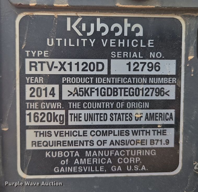image for item EN3525 2014 Kubota  RTV X1120D utility vehicle
