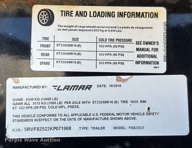 image for item EQ1189 2019 Lamar FS022527 equipment trailer