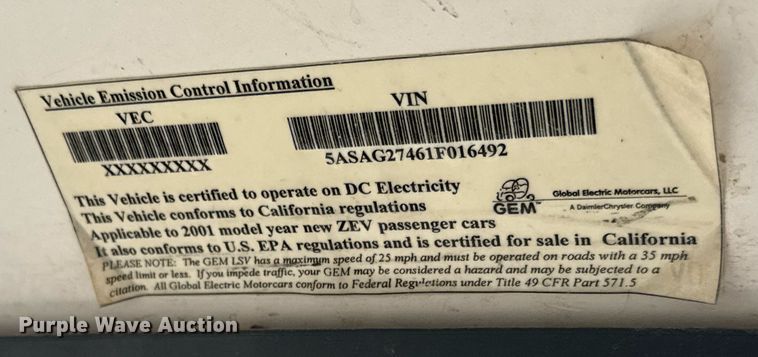 image for item EQ1221 2001 GEM E2 golf cart