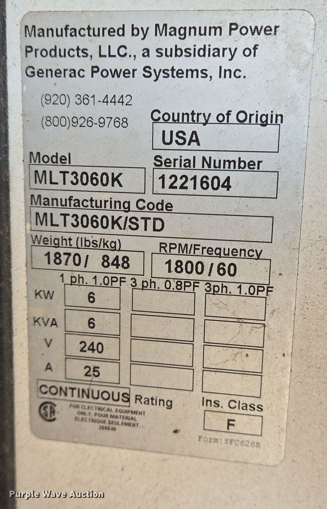 image for item EQ2577 2012 Magnum MLT3060K light plant