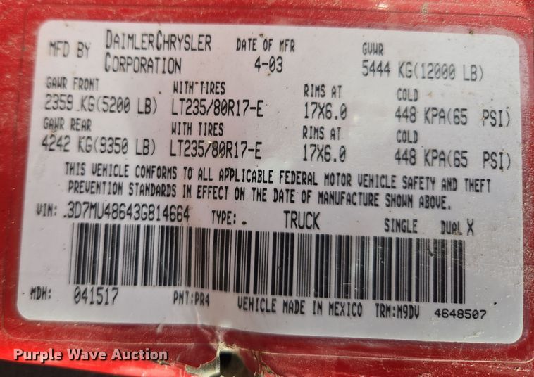 image for item EQ6778 2003 Dodge  Ram 3500 Quad Cab pickup truck cab and chassis